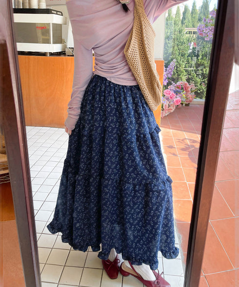 フリルティアード 小花柄 ロングスカート レディース ティアードスカート きれいめ 体型カバースカート着やせ 大人可愛い新作ハイウエストスカート 裏地付きスカート 98JLIY-001